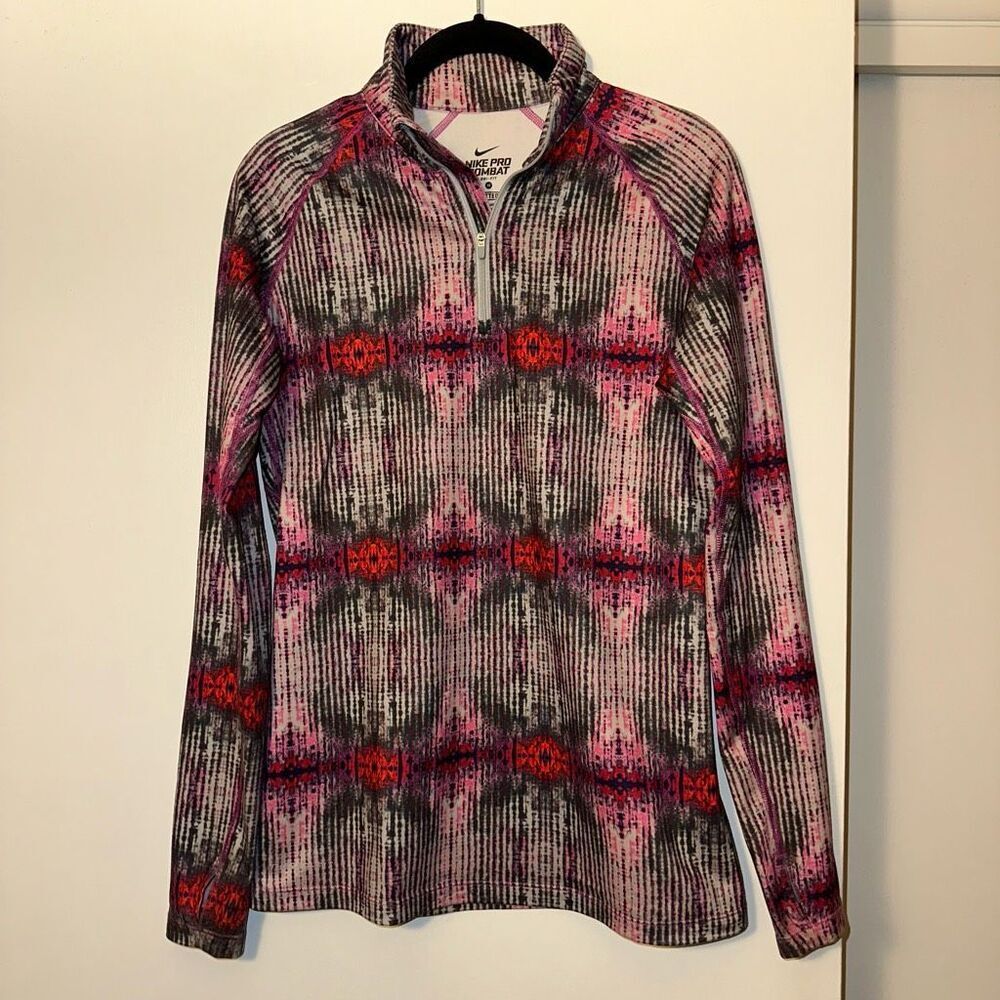 Nike Pro Combat Womens Pink Red Black Abstract Quarter Zip Medium EUC